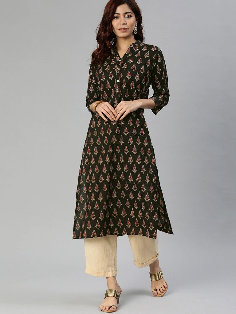Women's Black Buti Print Cotton Kurta