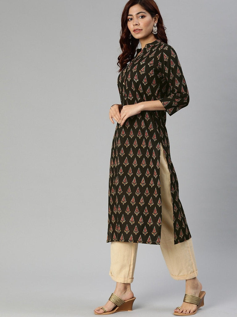 Women's Black Buti Print Cotton Kurta