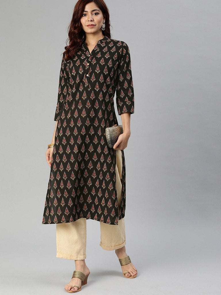 Women's Black Buti Print Cotton Kurta