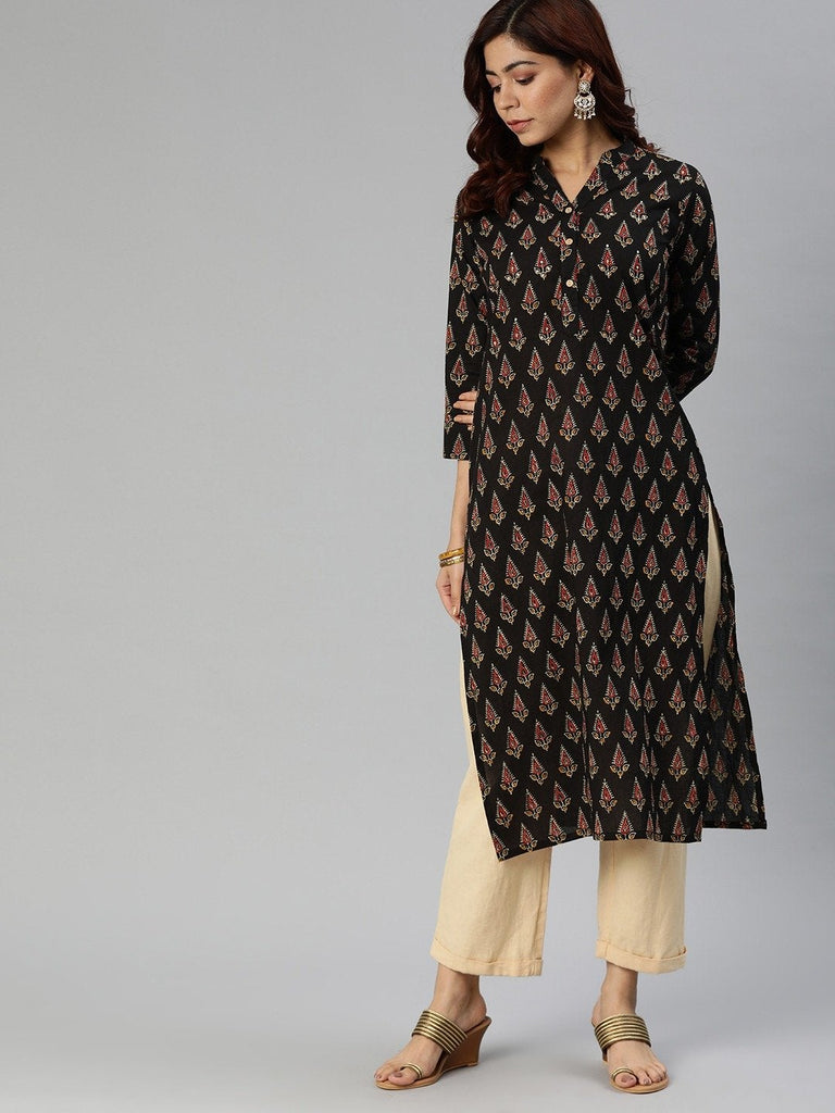 Women's Black Buti Print Cotton Kurta