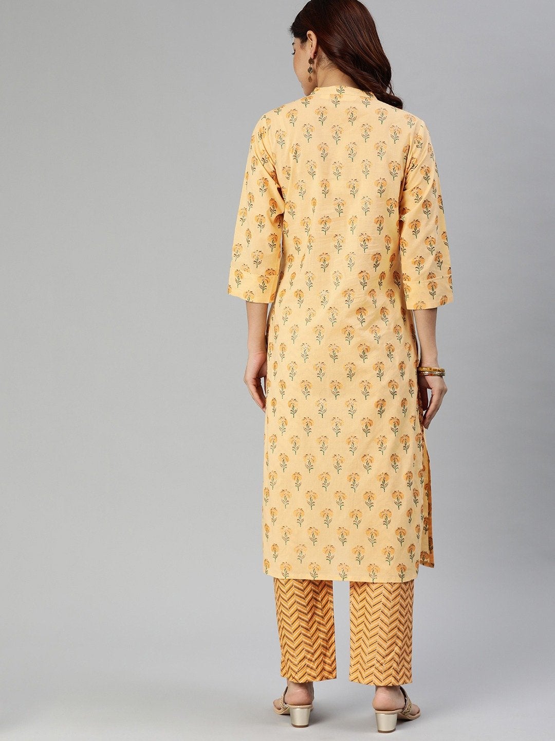 Women's Yellow Flower Print Cotton Kurta Set - Noz2Toz