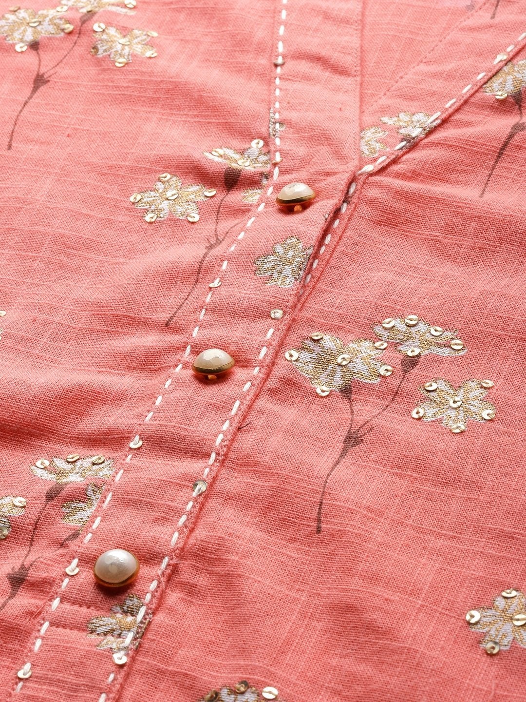 Women's Pink Flower Print Cotton Kurta Set  - Wahenoor