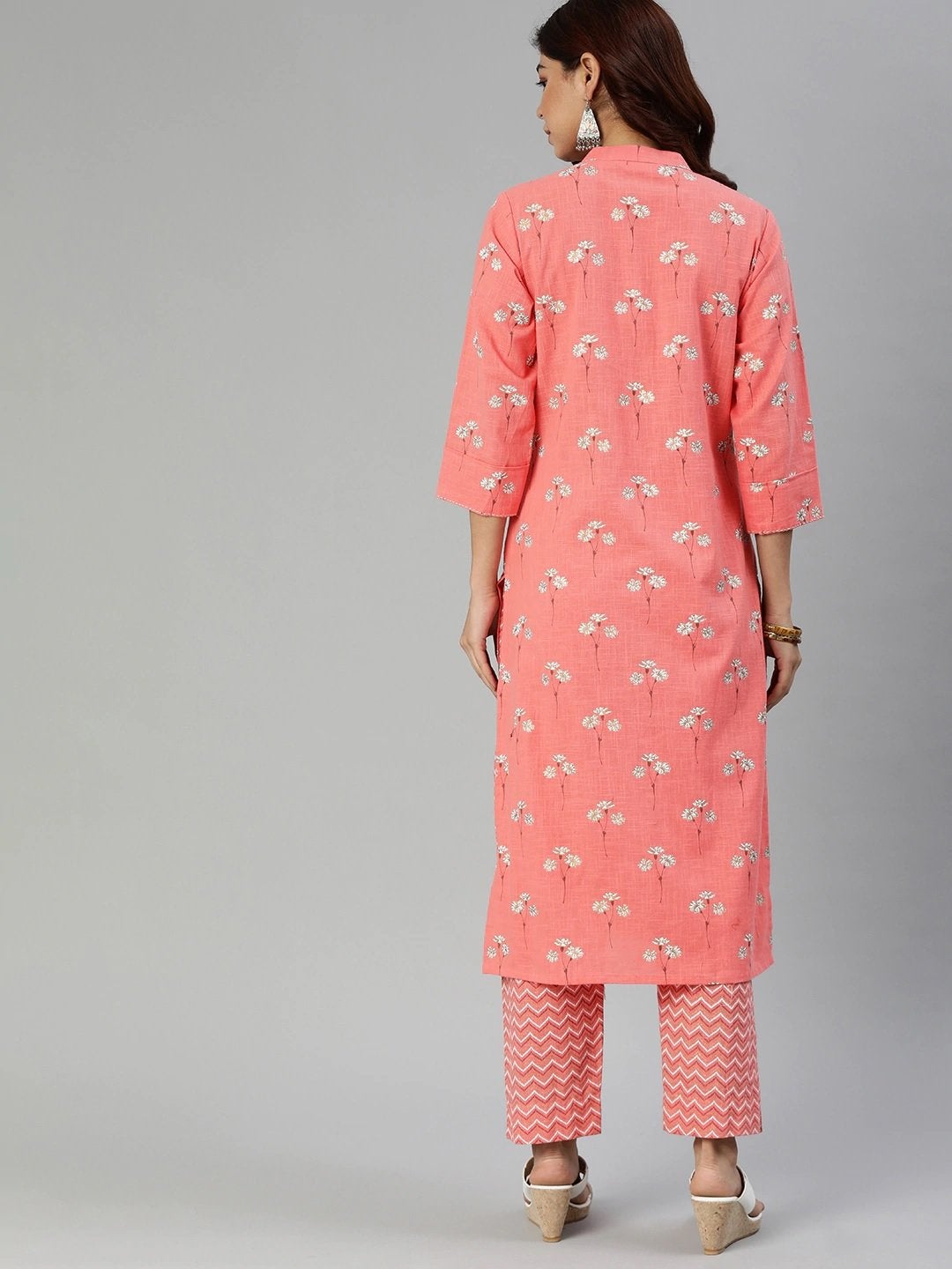 Women's Pink Flower Print Cotton Kurta Set - Divena