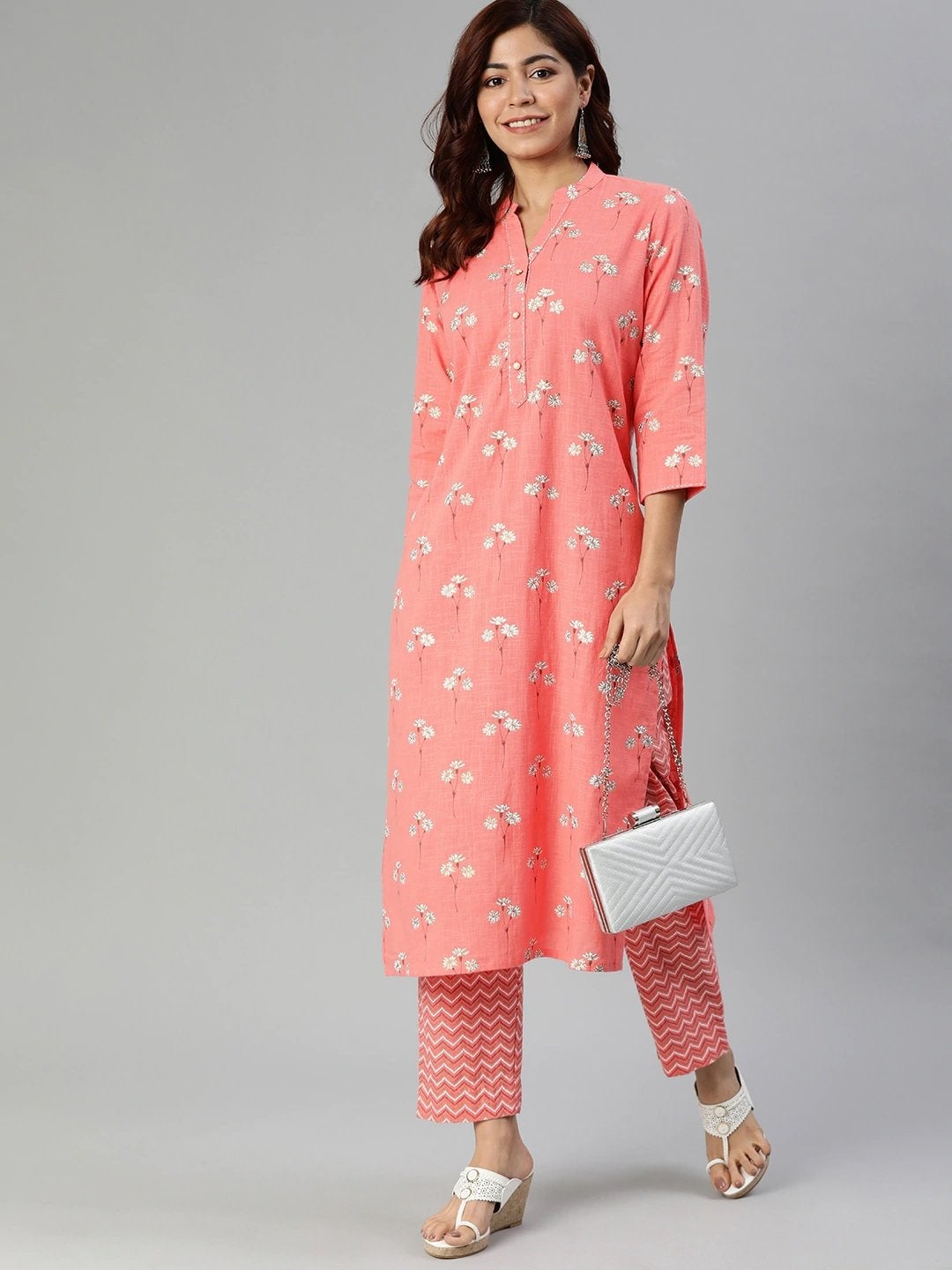 Women's Pink Flower Print Cotton Kurta Set - Divena
