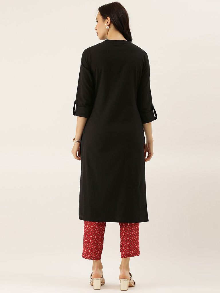 Women's Black Solid Straight Roll Up Kurti