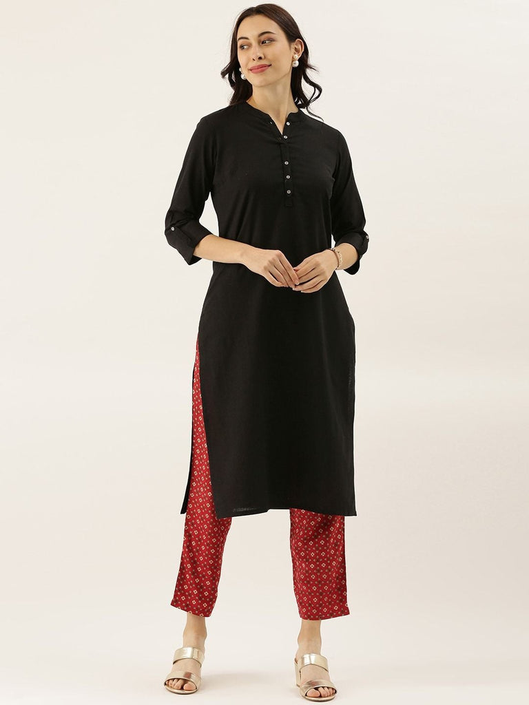 Women's Black Solid Straight Roll Up Kurti
