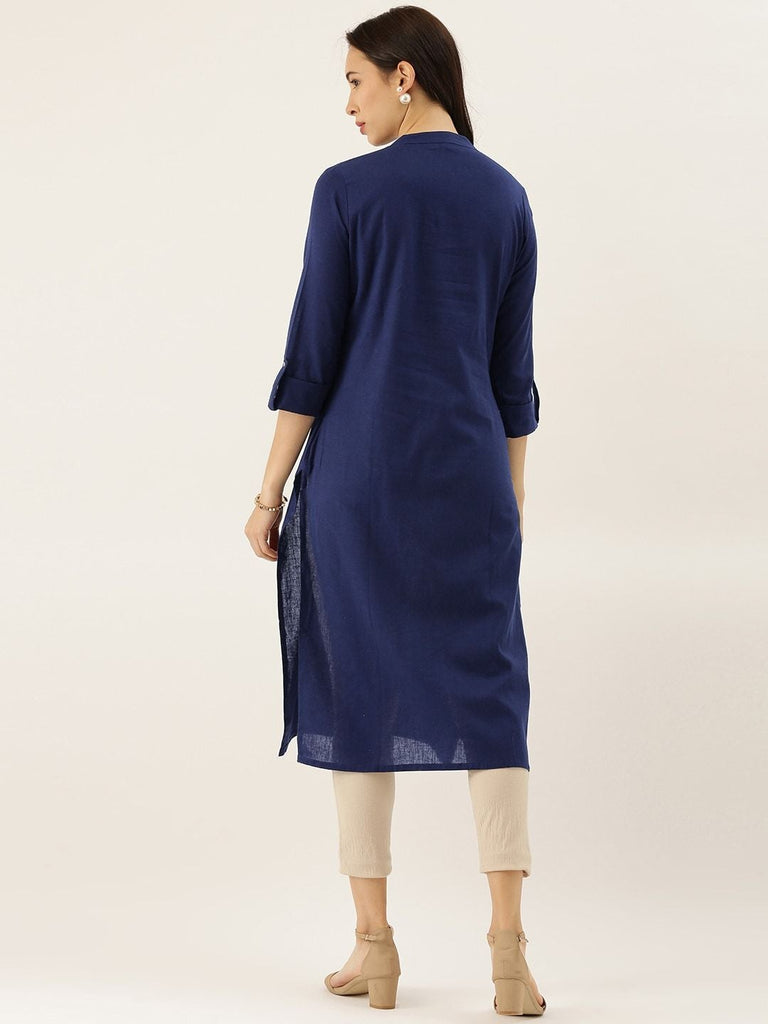 Women's Blue Solid Straight Roll Up Sleeve Kurti