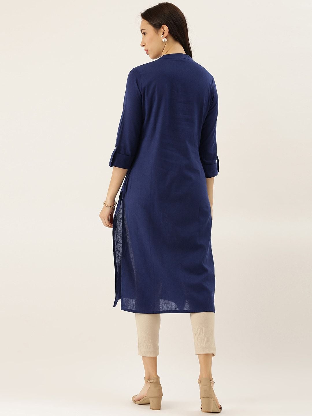 Women's Blue Solid Straight Roll up Sleeve Kurti - Divena