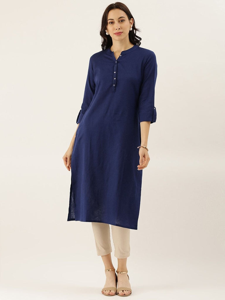 Women's Blue Solid Straight Roll Up Sleeve Kurti