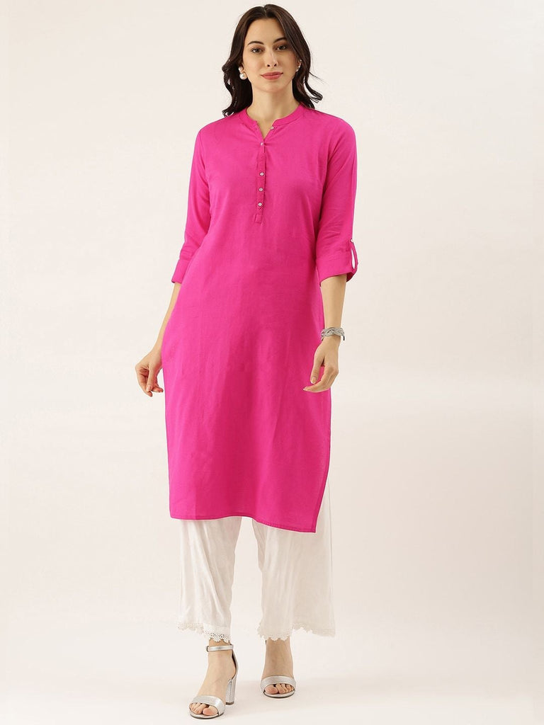 Women's Pink Solid Straight Roll Up Sleeve Kurti