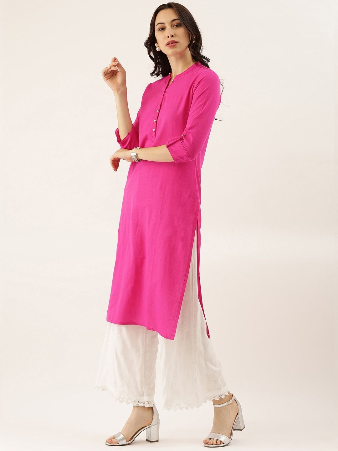 Women's Pink Solid Straight Roll up Sleeve Kurti - Divena