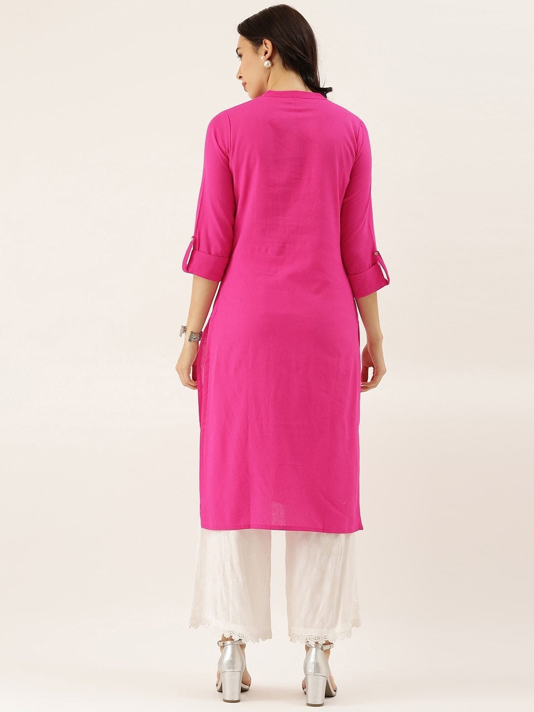 Women's Pink Solid Straight Roll up Sleeve Kurti - Divena