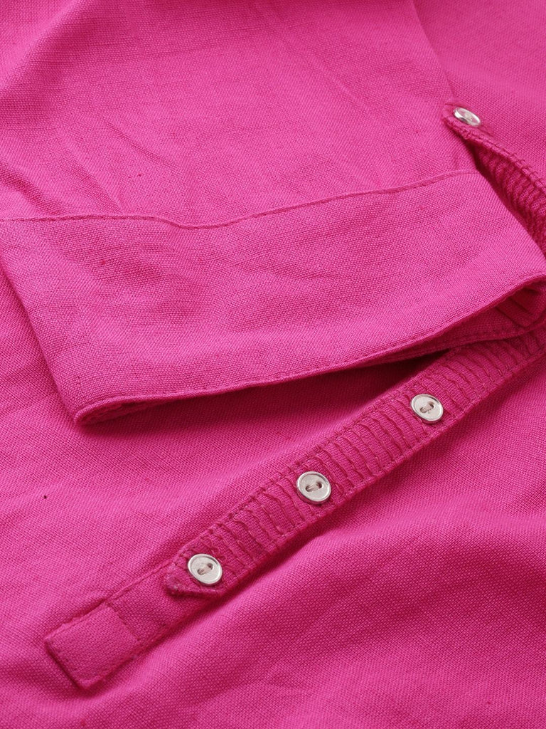 Women's Pink Solid Straight Roll Up Sleeve Kurti