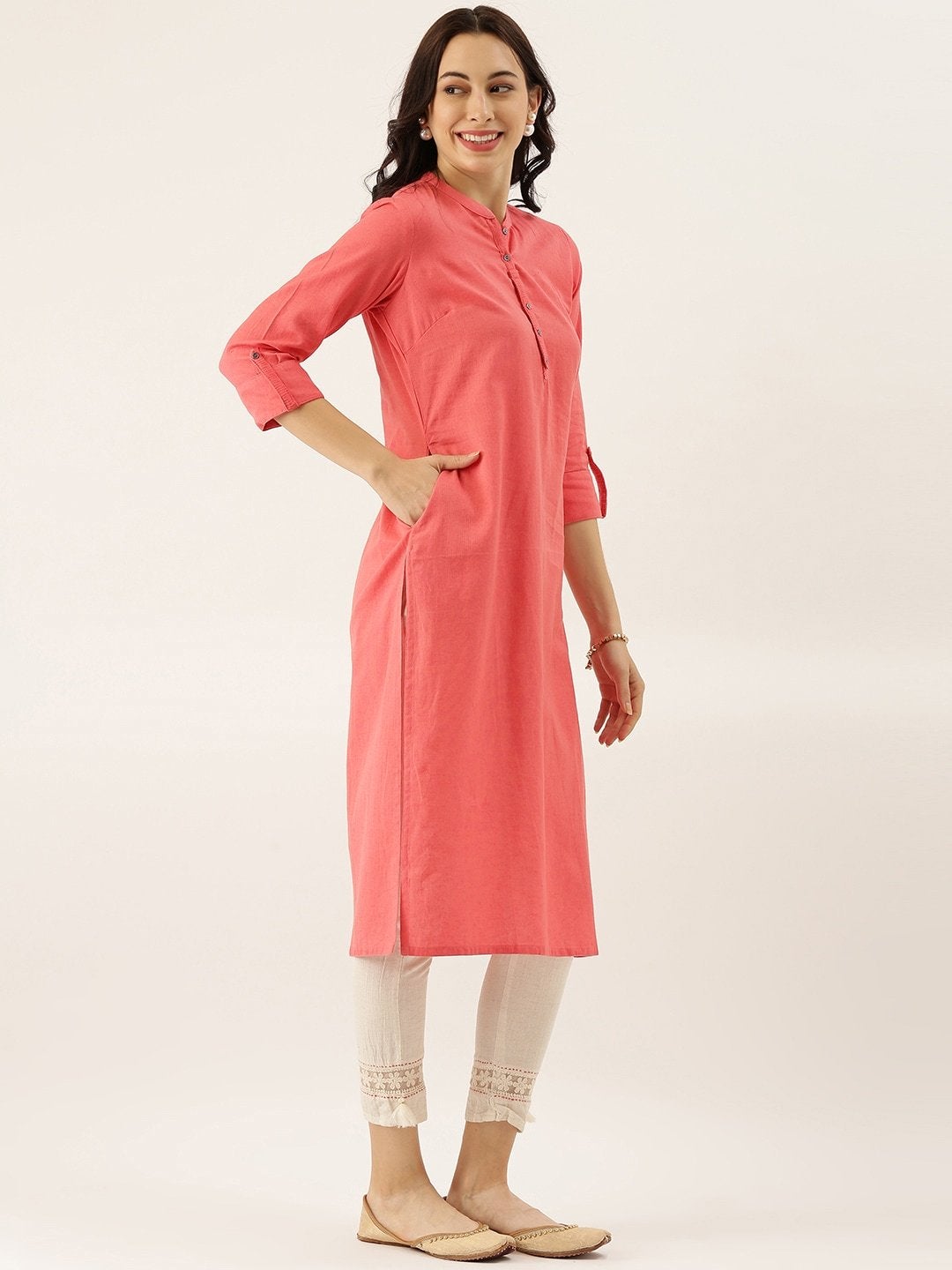 Women's Peach Solid Straight Roll Up Sleeve Kurti - Noz2Toz