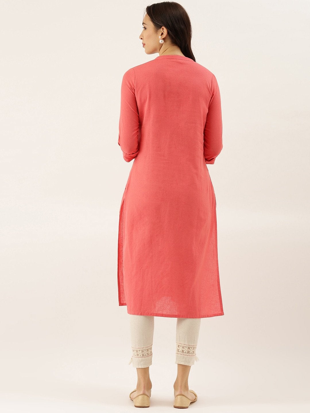 Women's Peach Solid Straight Roll up Sleeve Kurti - Divena