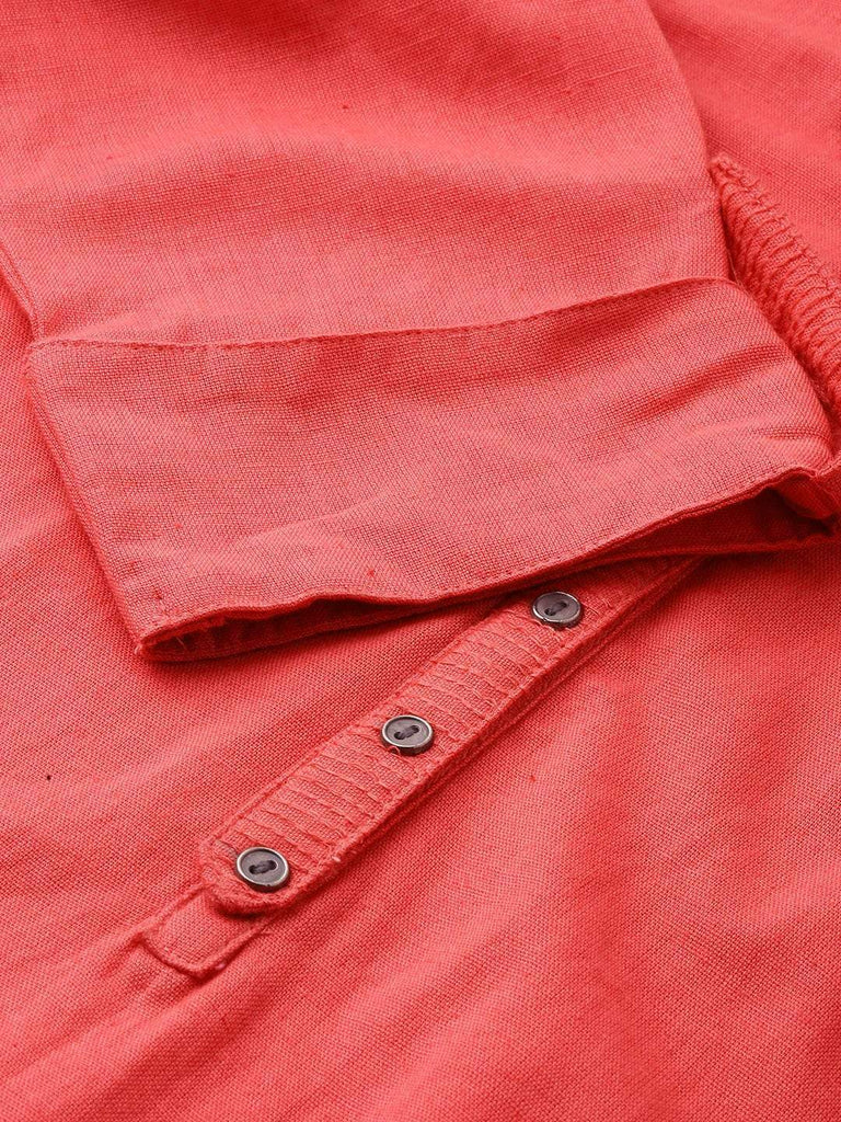 Women's Peach Solid Straight Roll Up Sleeve Kurti