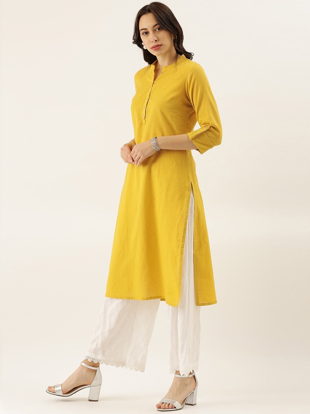 Women's The Dressify Yellow Solid Straight Roll up Sleeve Kurti - Divena