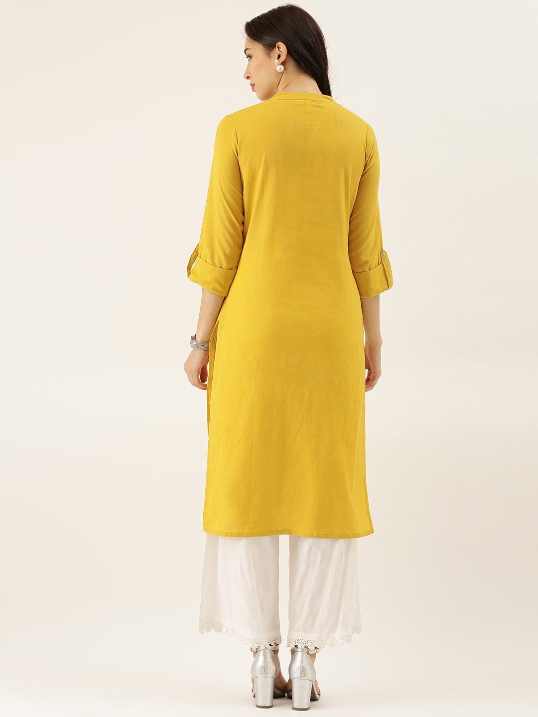 Women's The Dressify Yellow Solid Straight Roll up Sleeve Kurti - Divena