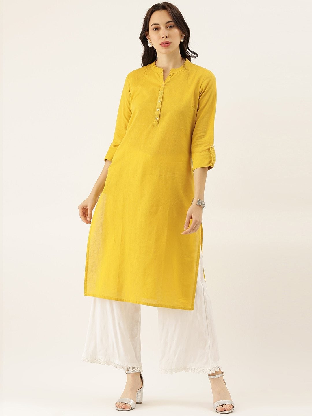 Women's Yellow Solid Straight Roll Up Sleeve Kurti - Noz2Toz