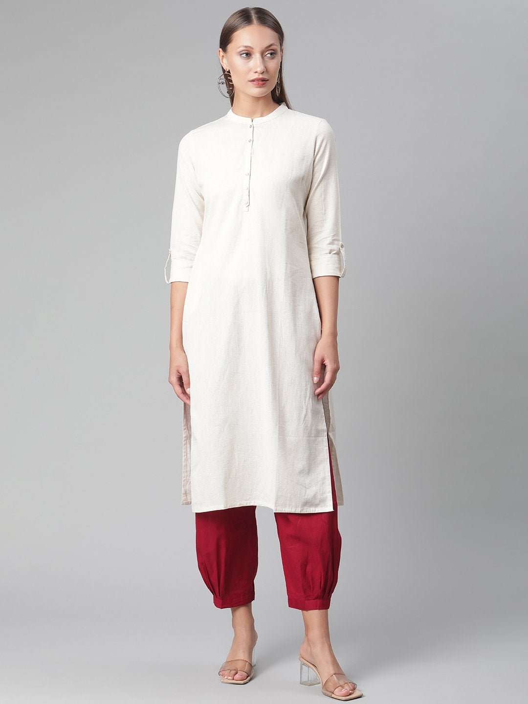 Women's Solid Beige Cotton Kurta - Divena
