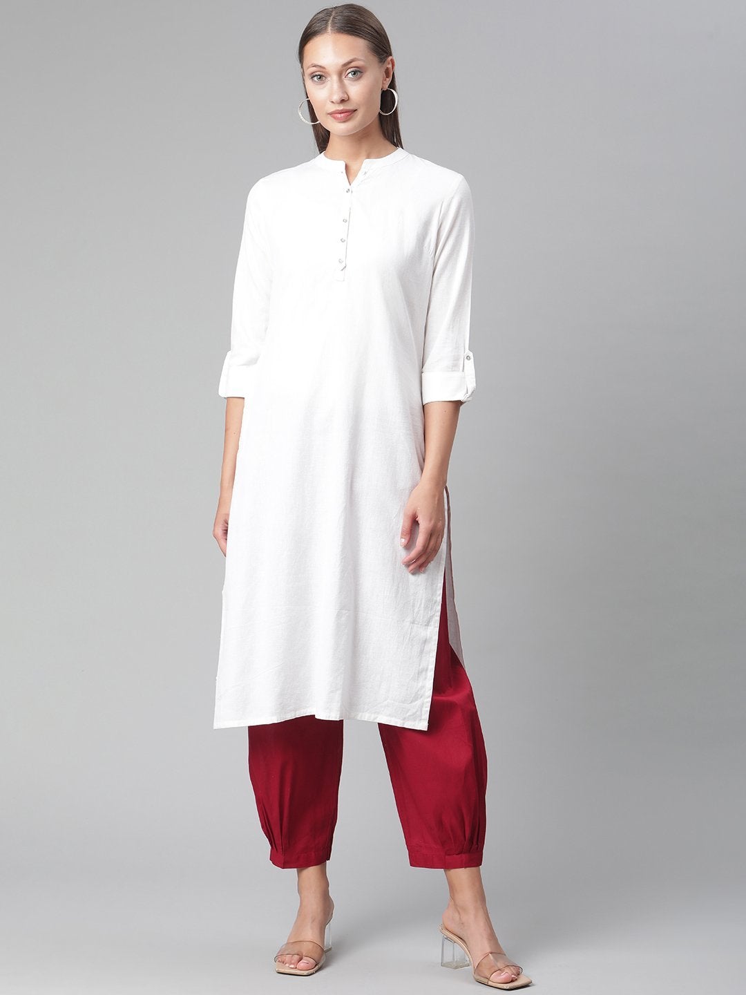 Women's White Cotton Straight Kurta  - Wahenoor