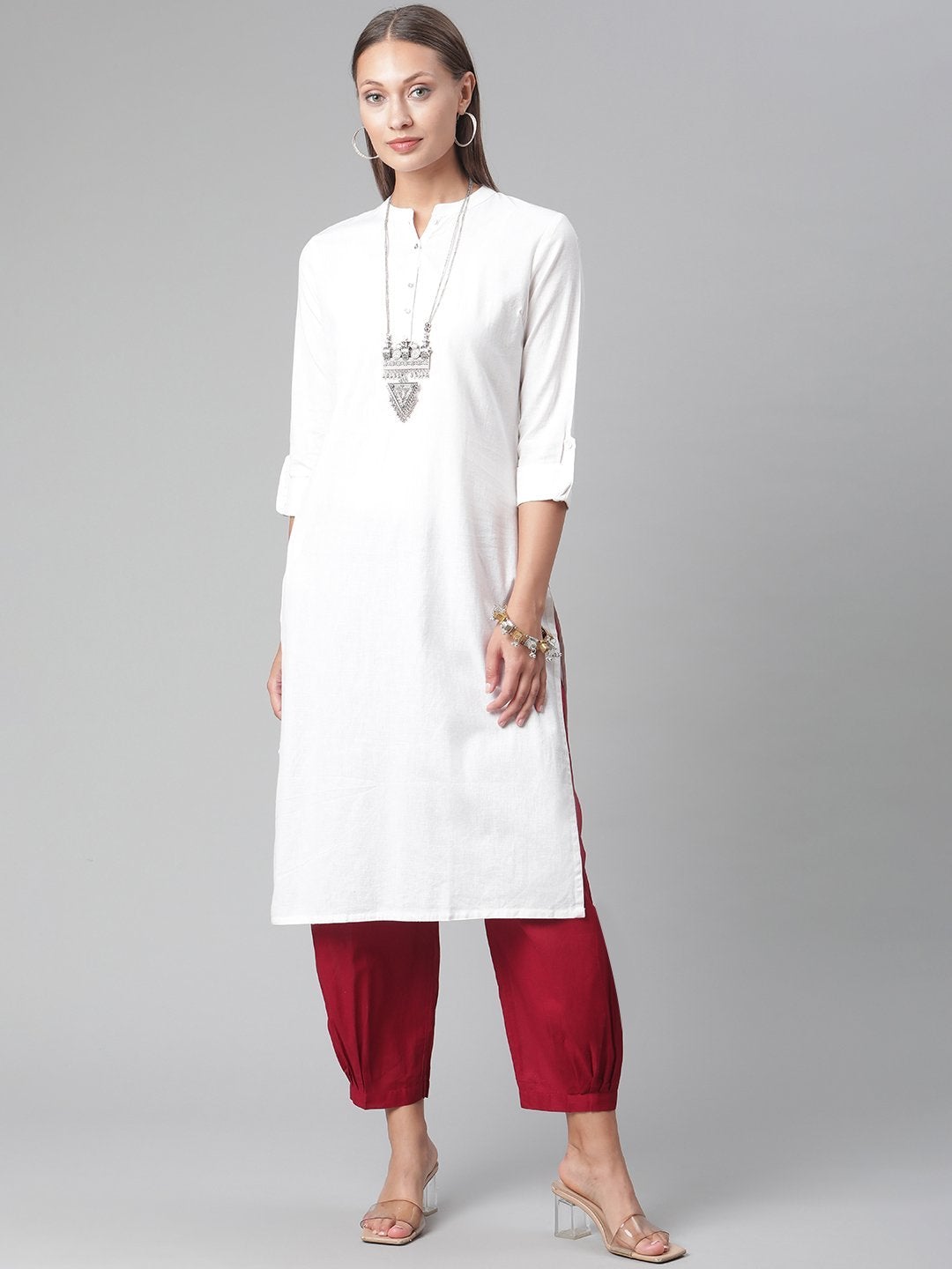 Women's White Cotton Straight Kurta - Divena