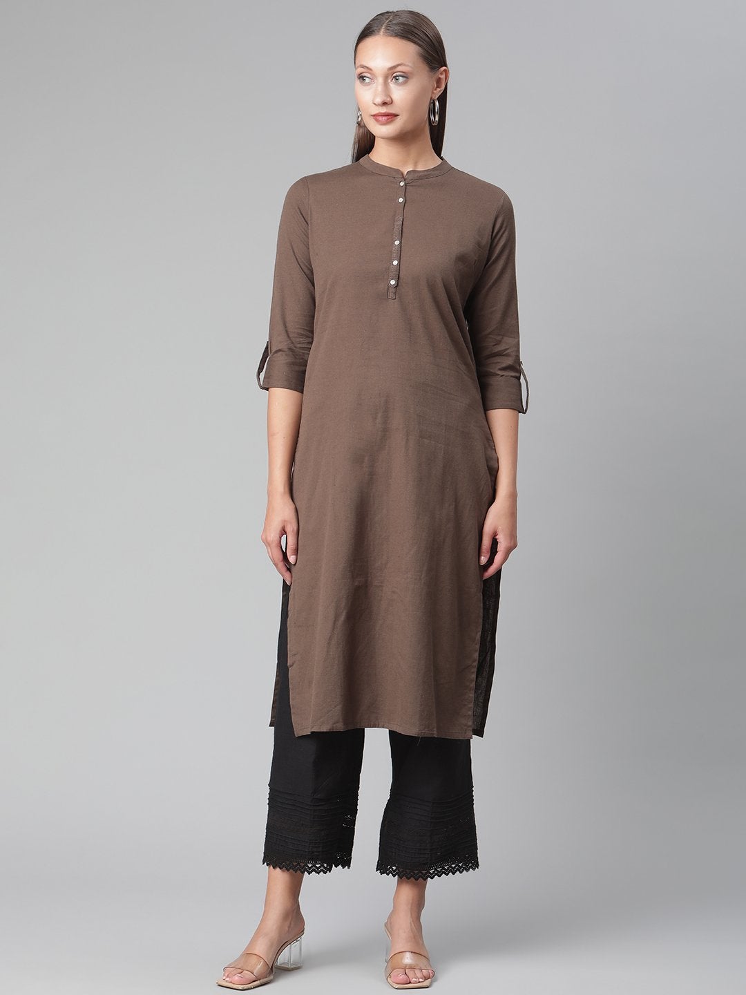 Women's Brown Cotton Straight Kurti  - Wahenoor