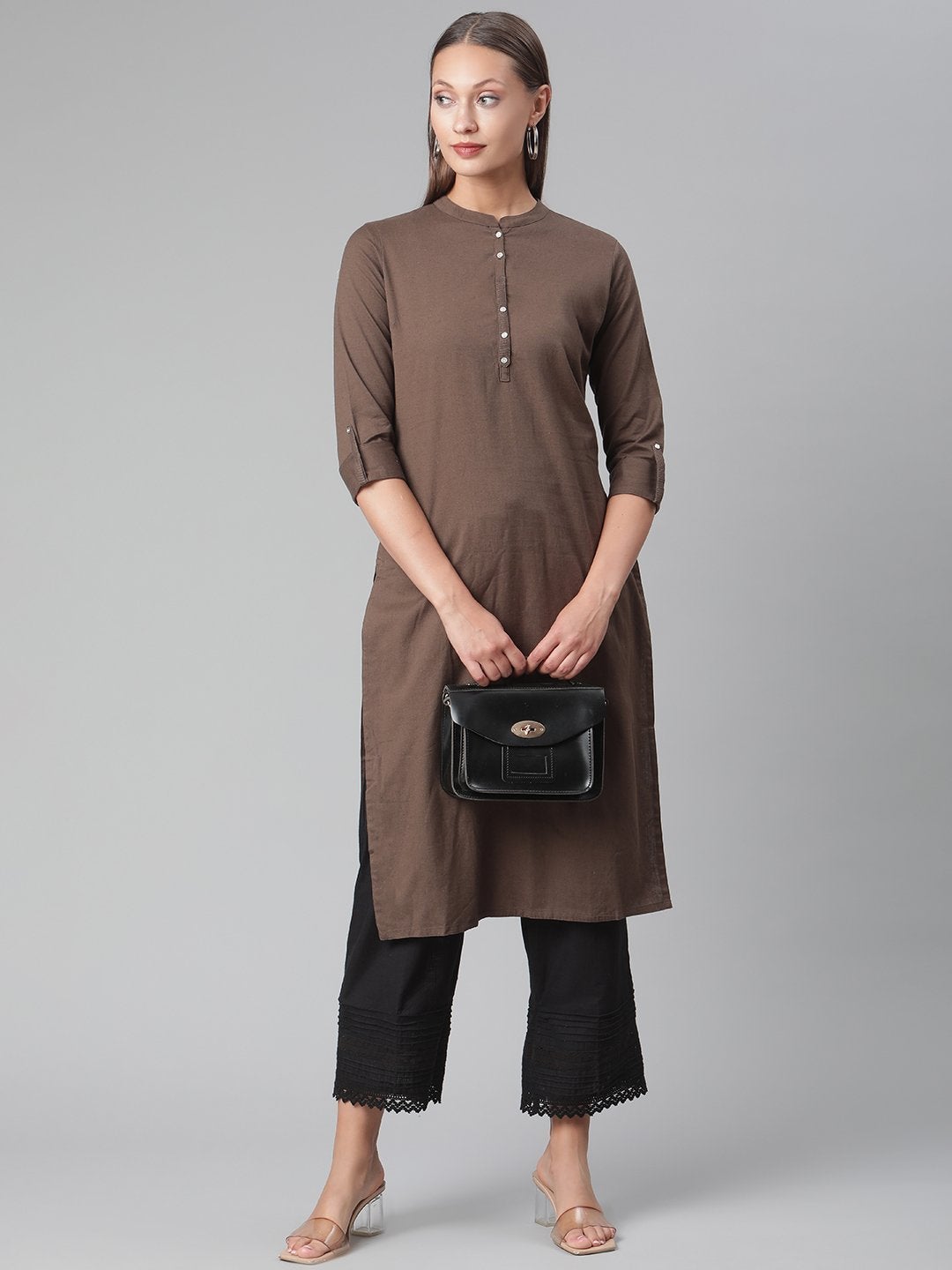 Women's Brown Cotton Straight Kurti  - Wahenoor