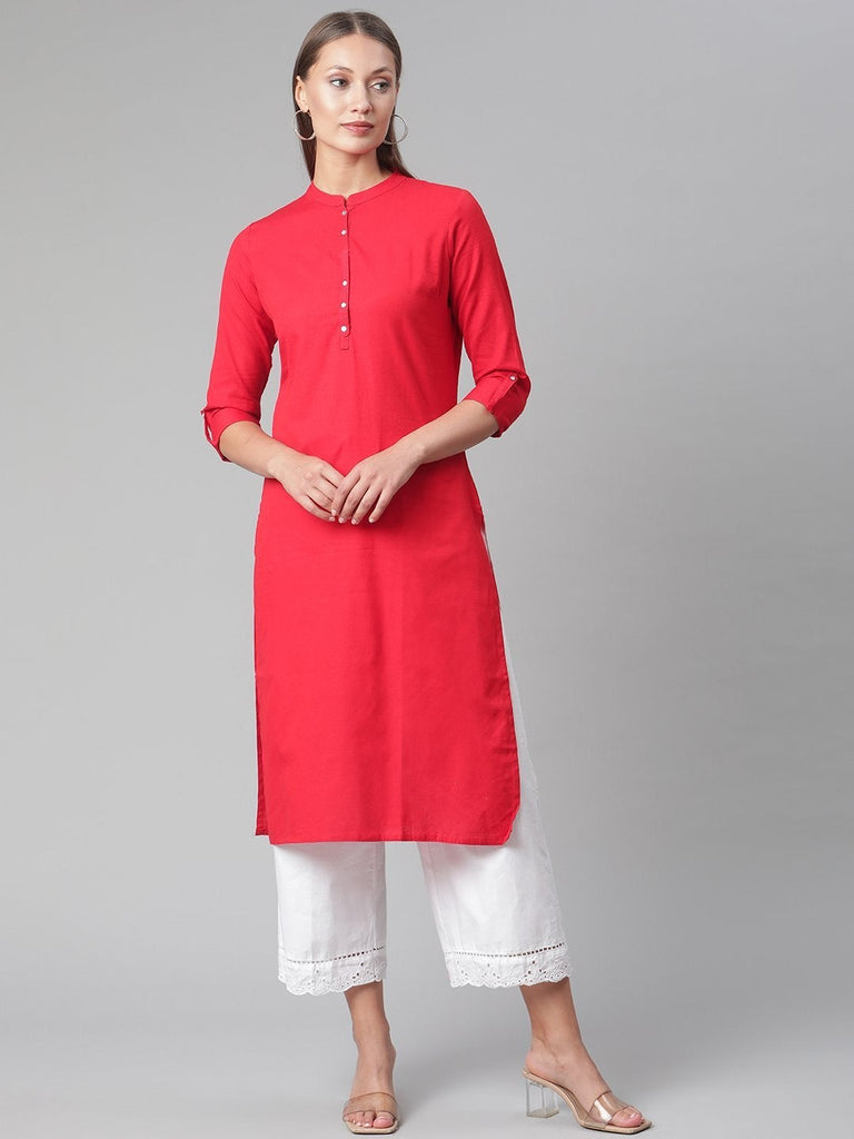 Women's Red Cotton Straight Kurti
