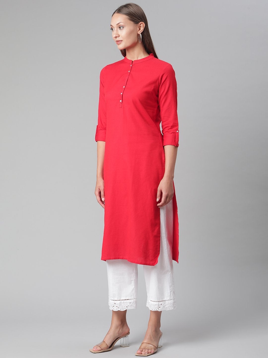 Women's Red Cotton Straight Kurti  - Wahenoor