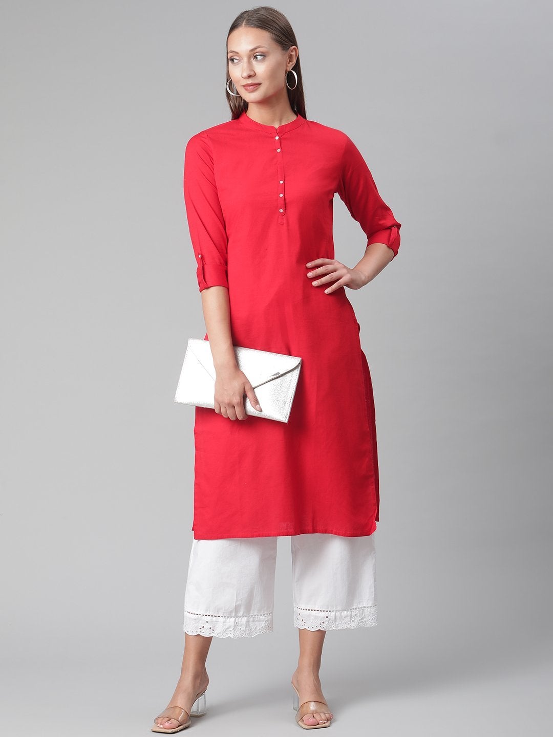 Women's Red Cotton Straight Kurti  - Wahenoor