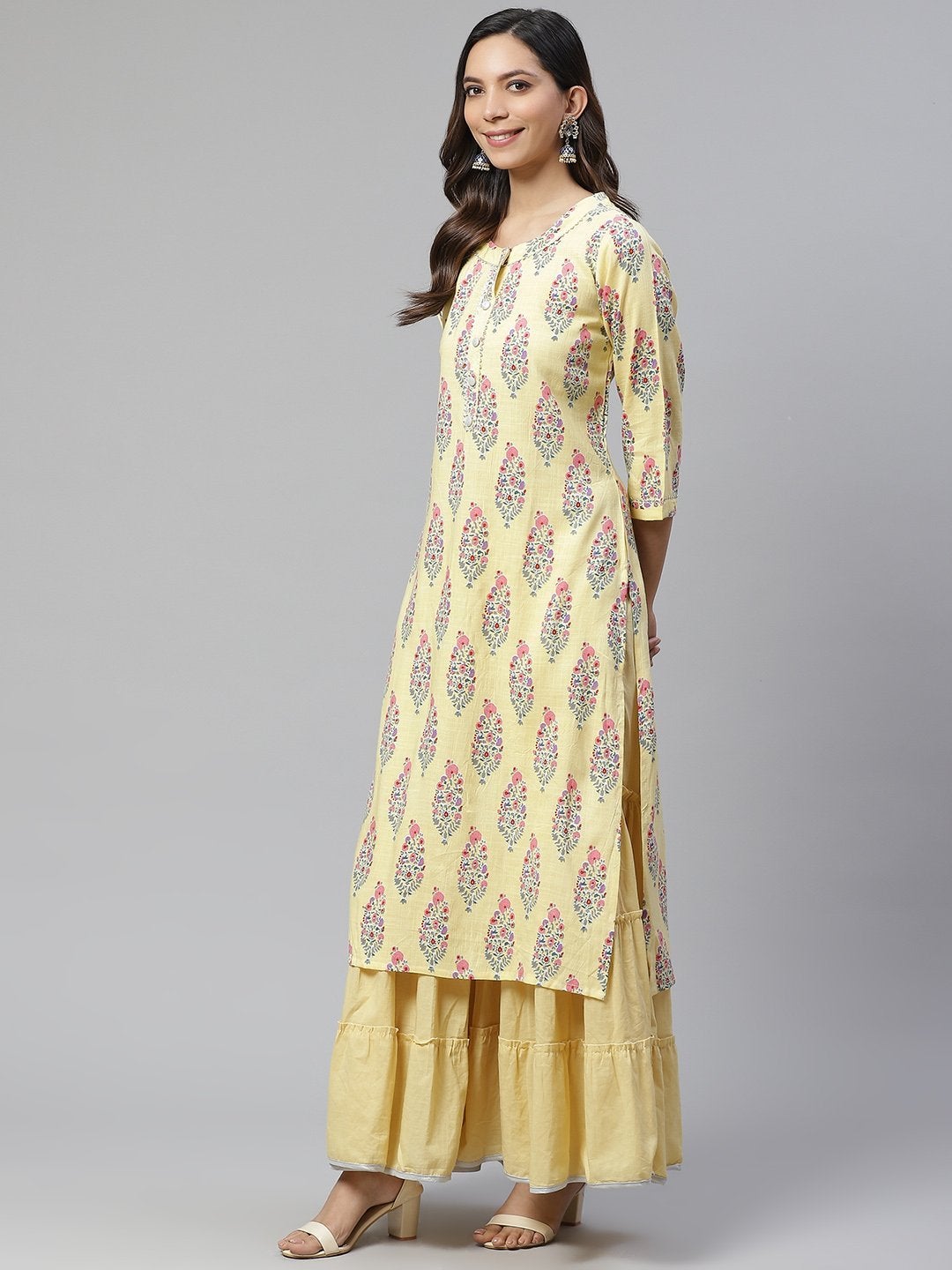 Women's Yellow Rayon Printed Kurti Sharara Set  - Wahenoor