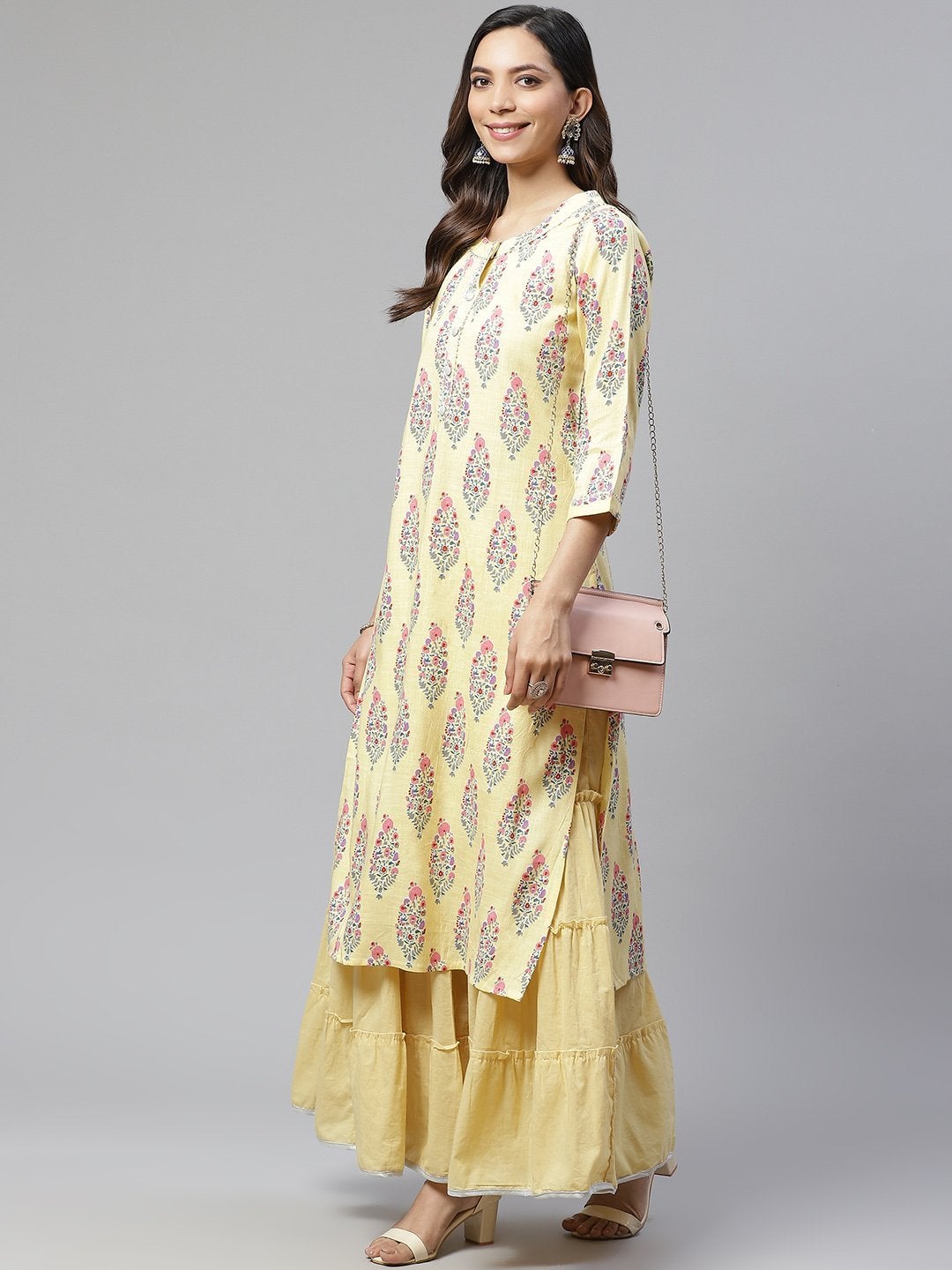 Women's Yellow Rayon Printed Kurti Sharara Set  - Wahenoor