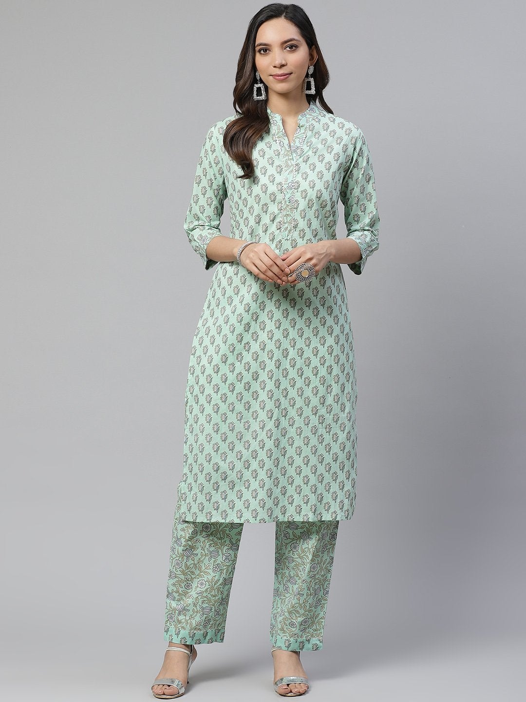 Women's Sea Green Cotton Printed Kurti Pant Set  - Wahenoor