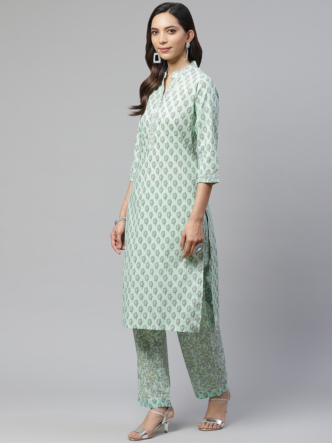 Women's Sea Green Cotton Printed Kurti Pant Set - Noz2Toz