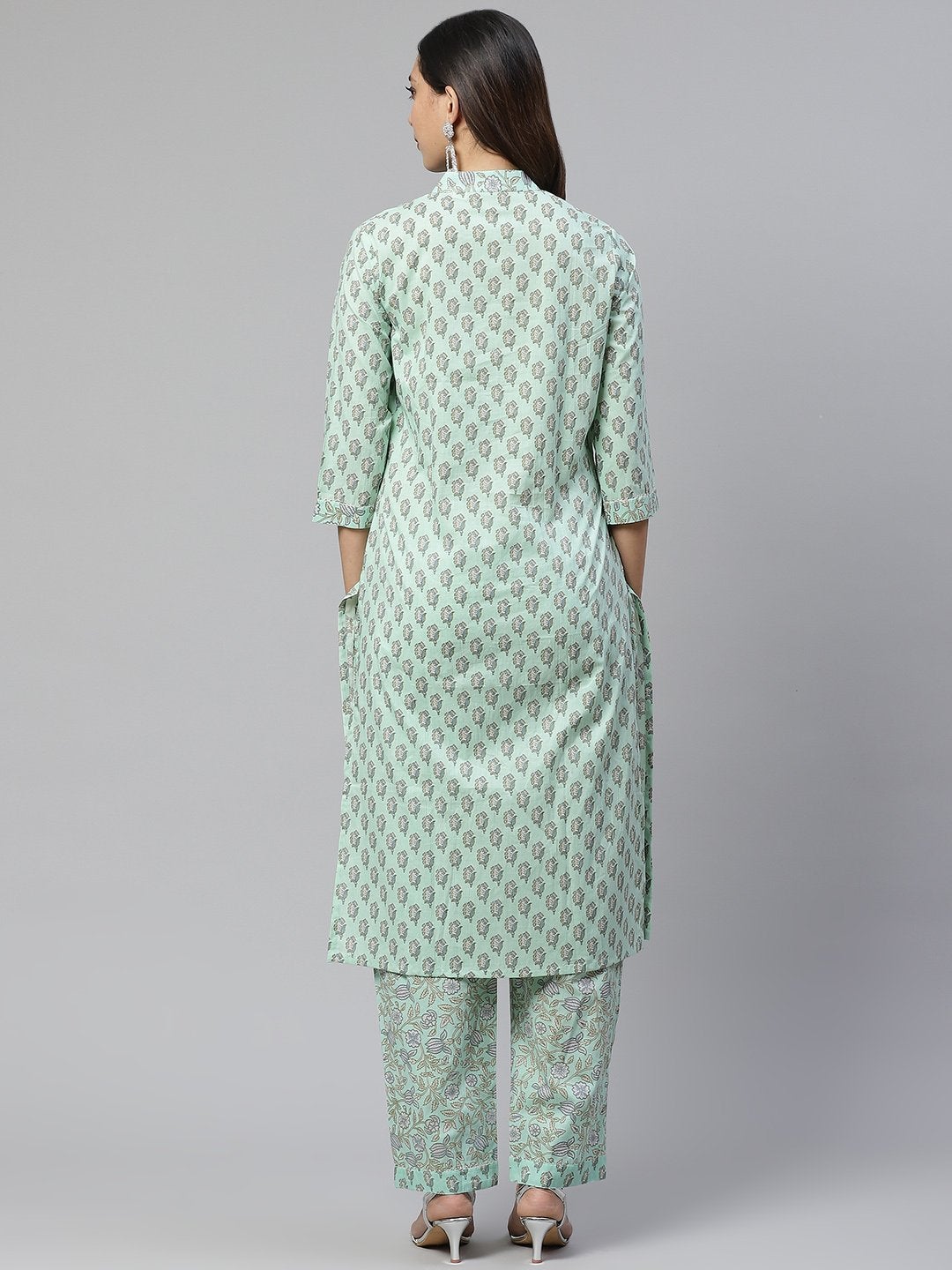 Women's Sea Green Cotton Printed Kurti Pant Set  - Wahenoor