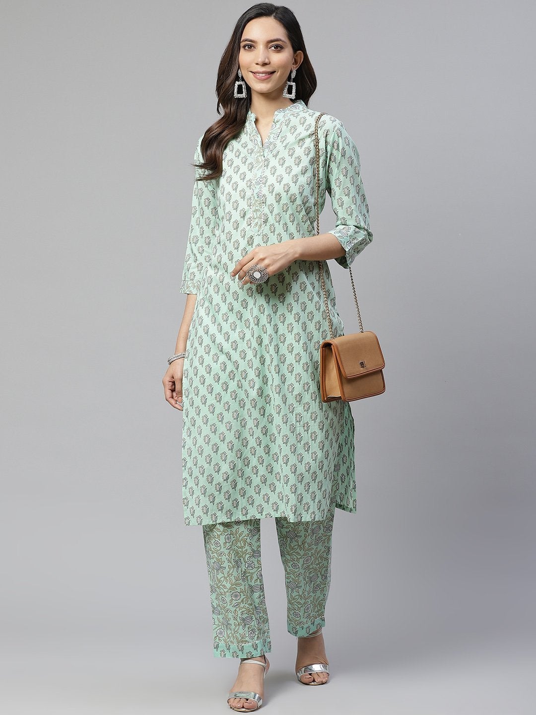 Women's Sea Green Cotton Printed Kurti Pant Set - Divena