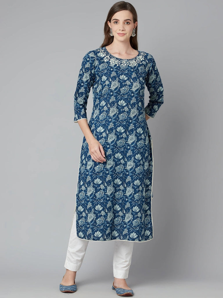 Women's Blue Floral Straight Kurta