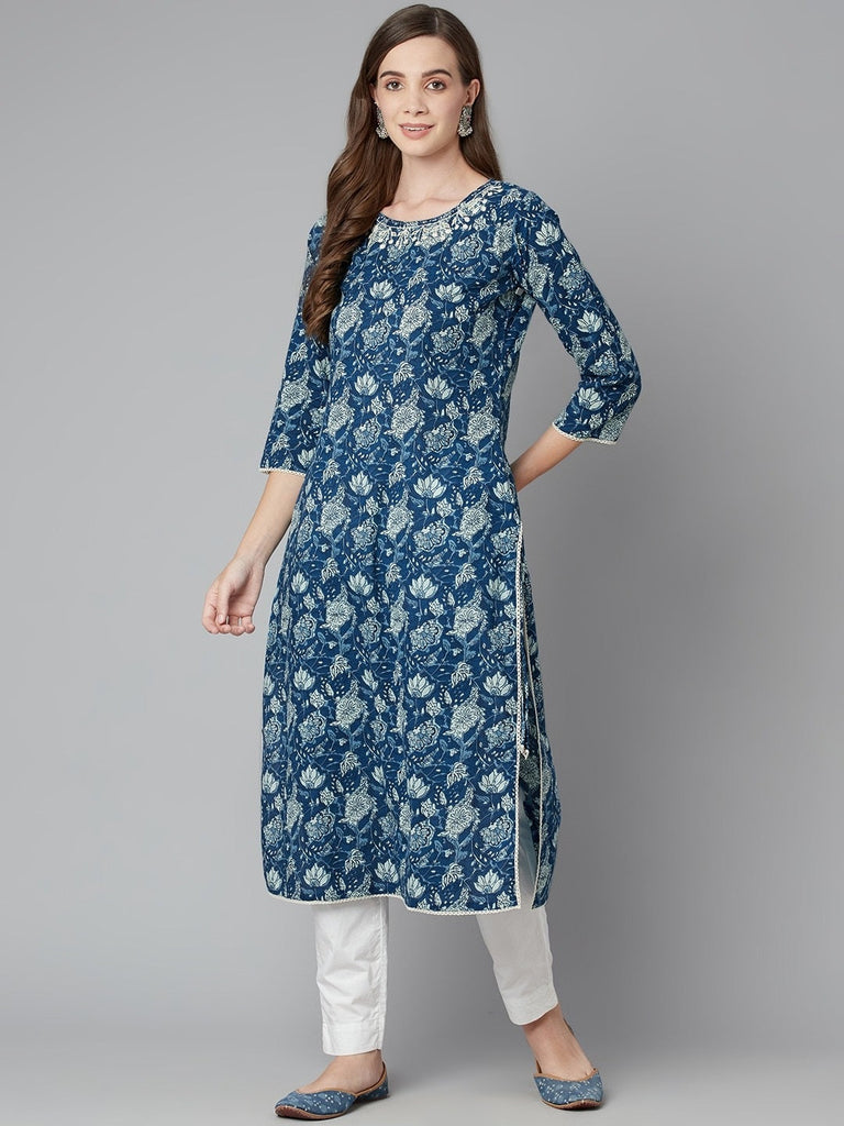 Women's Blue Floral Straight Kurta