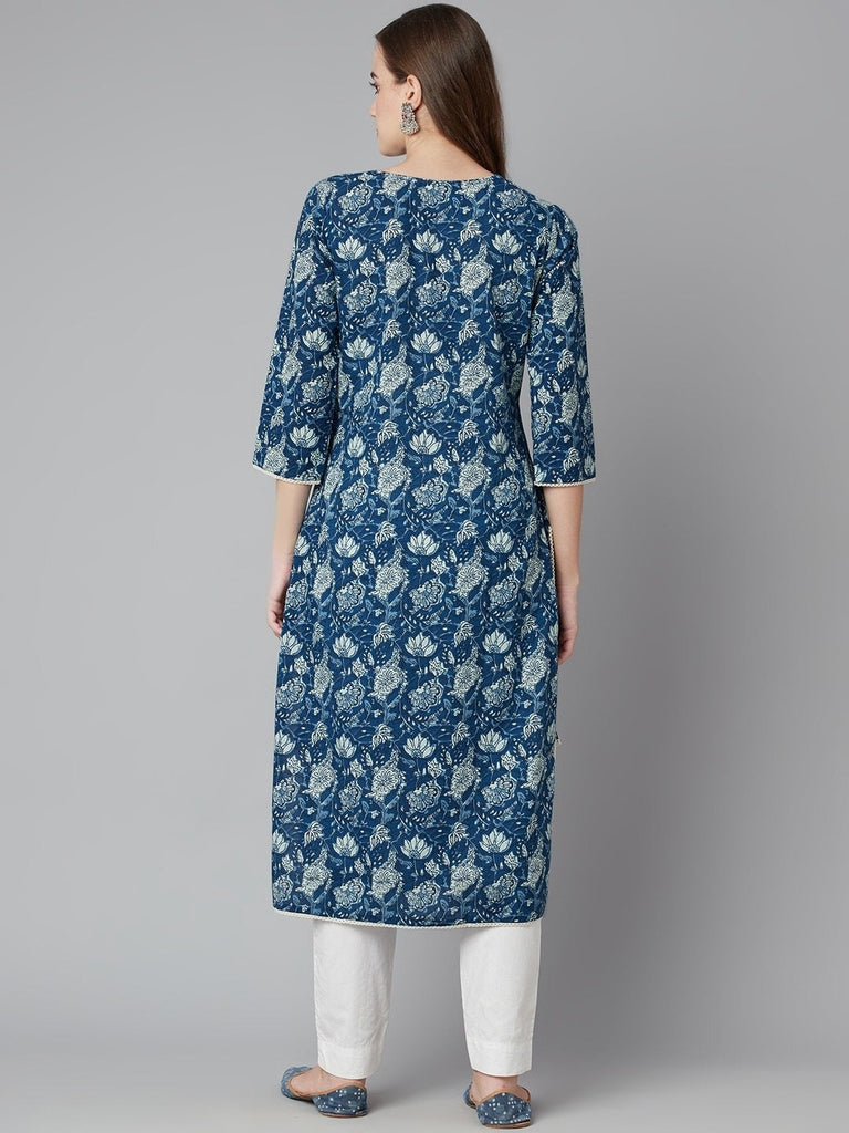Women's Blue Floral Straight Kurta