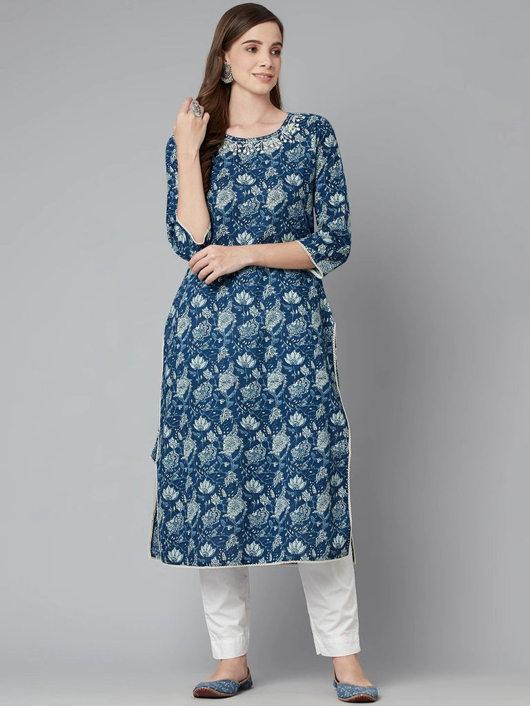 Women's Blue Floral Straight Kurta
