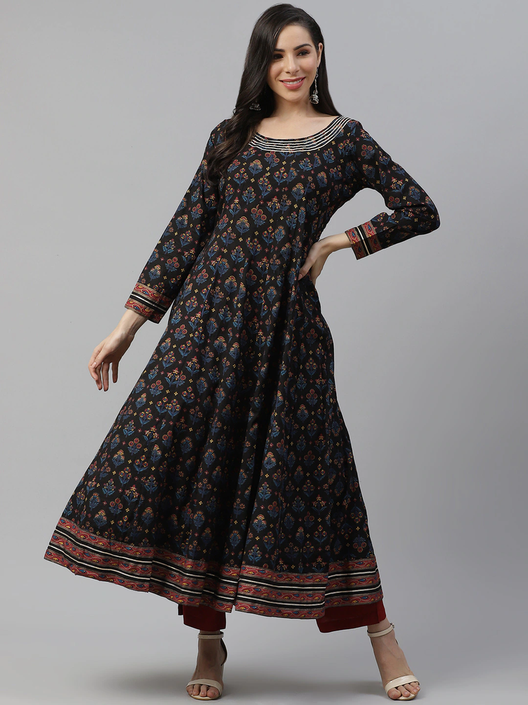 Women's Black Cotton Anarkali Kurta