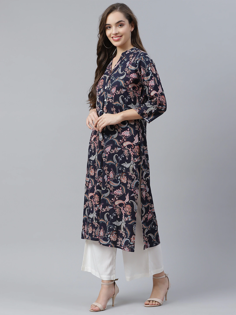 Women's Blue Printed Rayon Straight Kurti