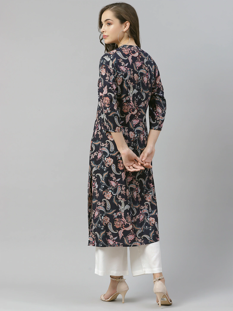 Women's Blue Printed Rayon Straight Kurti