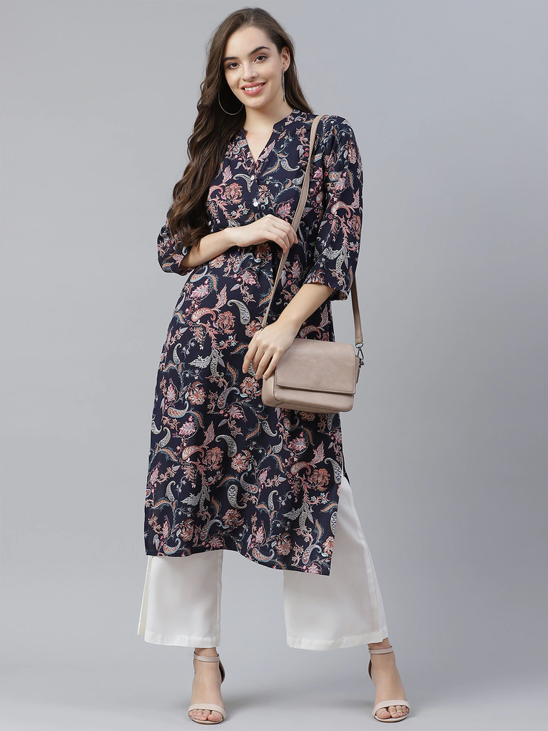 Women's Blue Printed Rayon Straight Kurti