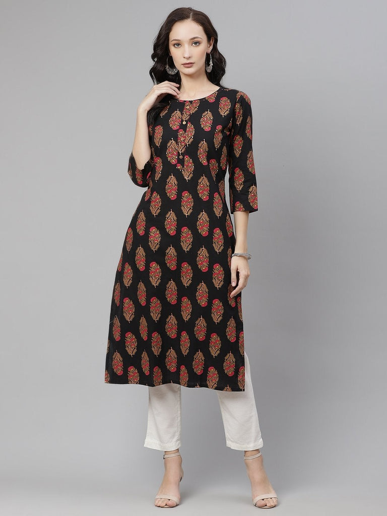 Women's Black Floral Print Cotton Straight Kurta