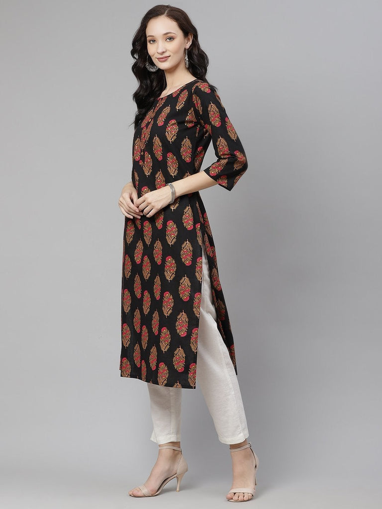 Women's Black Floral Print Cotton Straight Kurta