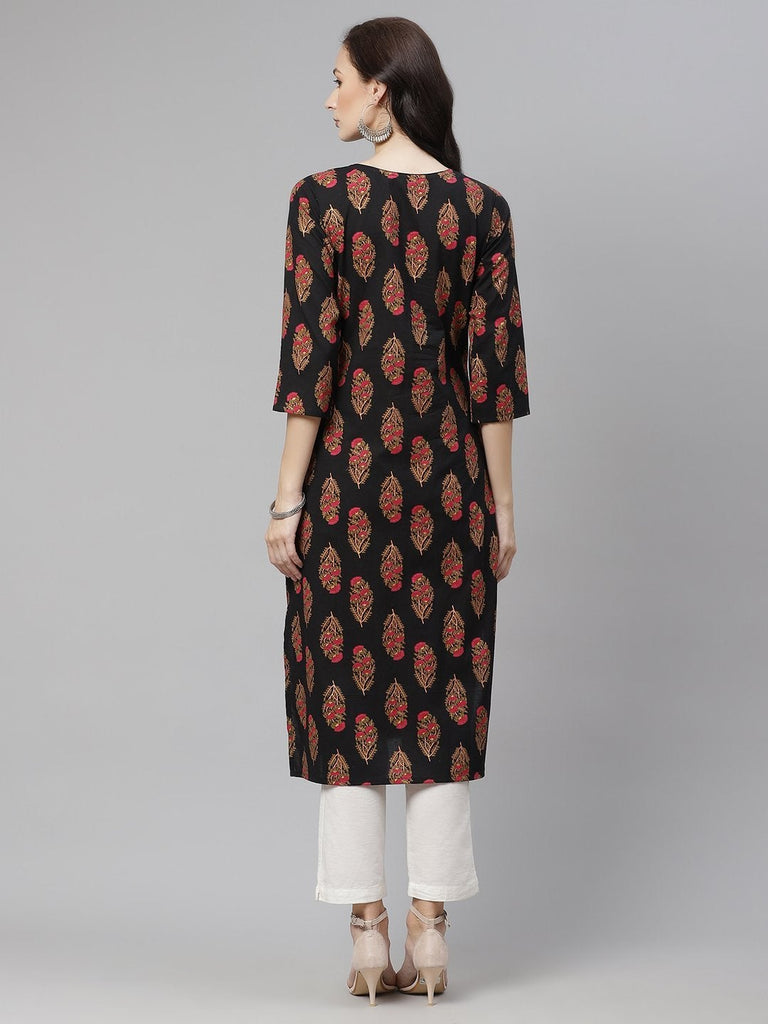 Women's Black Floral Print Cotton Straight Kurta