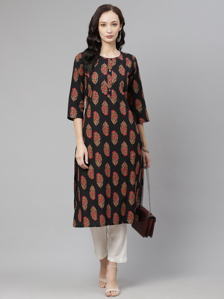 Women's Black Floral Print Cotton Straight Kurta