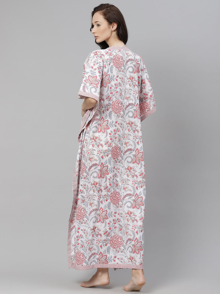 Women's White And Pink Floral Print Kaftan